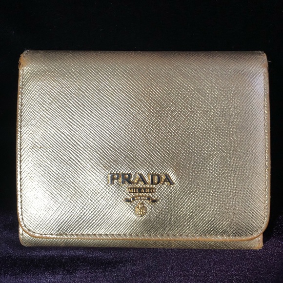 VERY RARE!! Prada gold metallic leather wallet! Would be great on chain! - Picture 1 of 16
